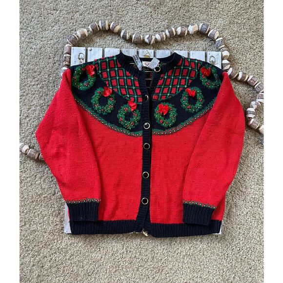Vintage Talbots Christmas Holiday Wreath Red Green Black Cardigan Sweater - Picture 1 of 9